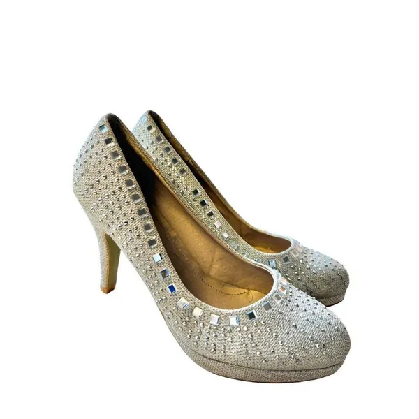 Elegant Silver Rhinestone High Heels Womens Size 6.5 midheel - Image 7