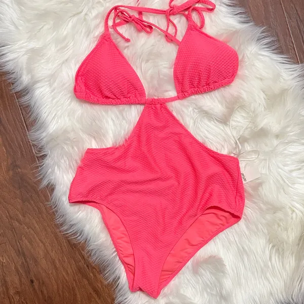 NWT Aerie Jacquard Cut Out String One‎ Piece Halter Triangle Tie Swimsuit Beach - Image 2