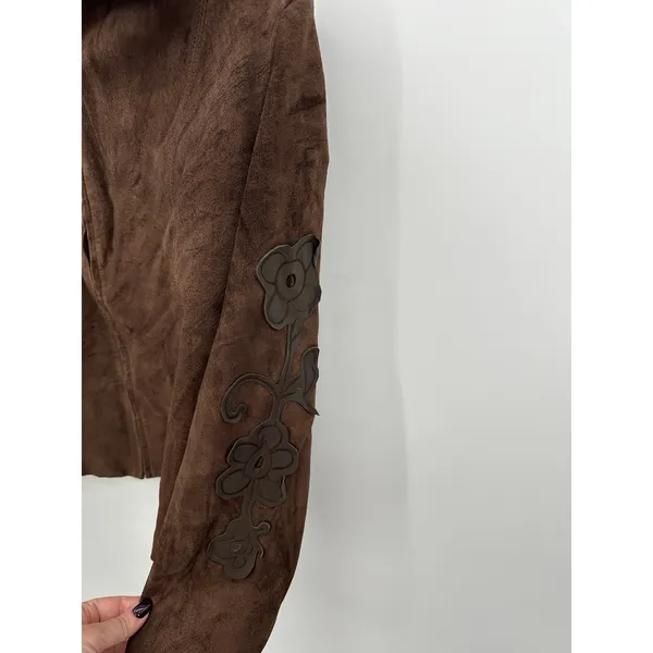Margaret Godfrey Brown Genuine Leather Suede Floral Applique Zip Jacket Size 8 - Image 6