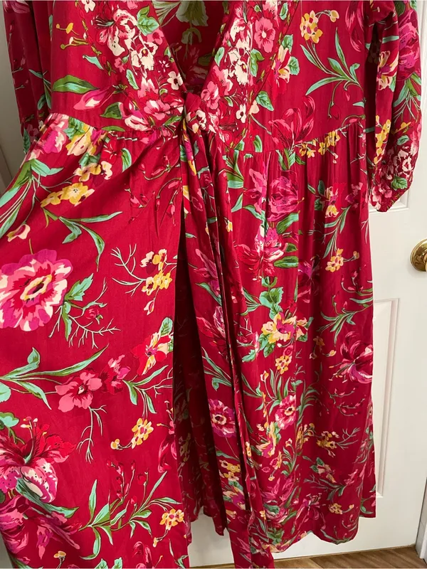 April Cornell Red Floral V Neck Milkweed Dress with Green Accents Size Medium - Image 6
