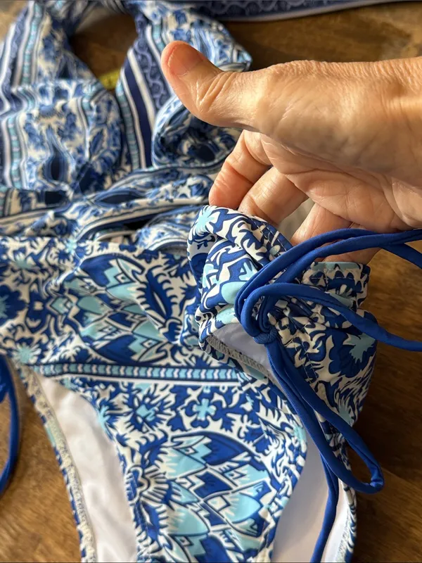 Blue Boho Mosaic High-Waist Halter Bikini Large Modest - Image 3