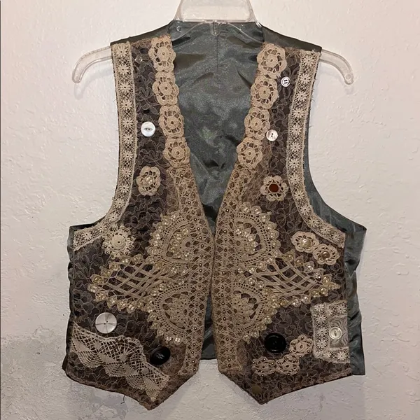 Vintage Silk Vest Lace Embellished Beads Sequin Floral Boho - Image 3