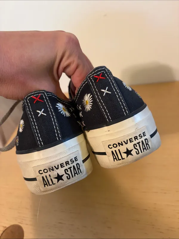 Converse Black Low-Top Sneakers with Embroidered Flowers size 5 - Image 3