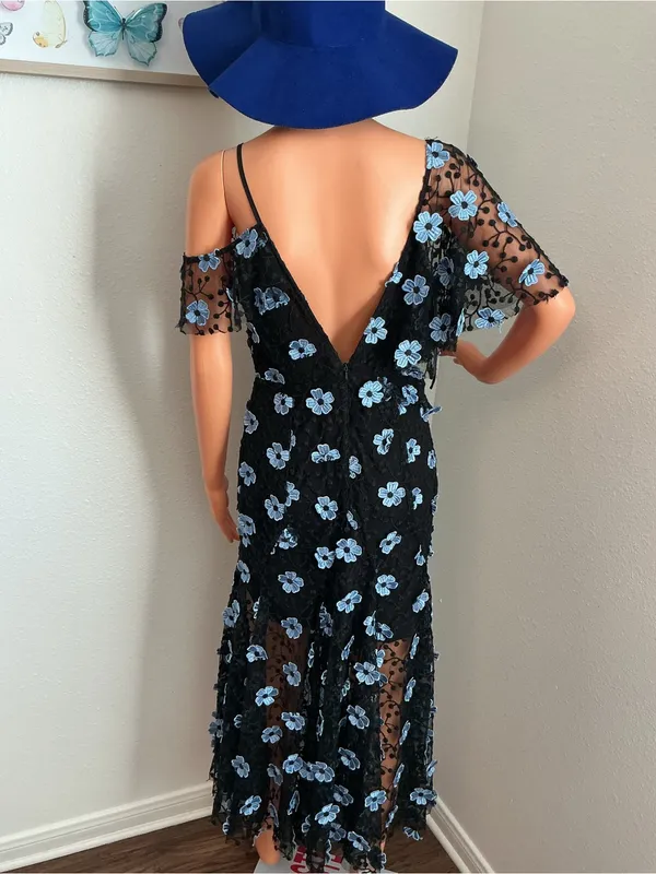 La Maison Talulah Black Blue Floral Embroidered Lace Maxi Dress - Image 7