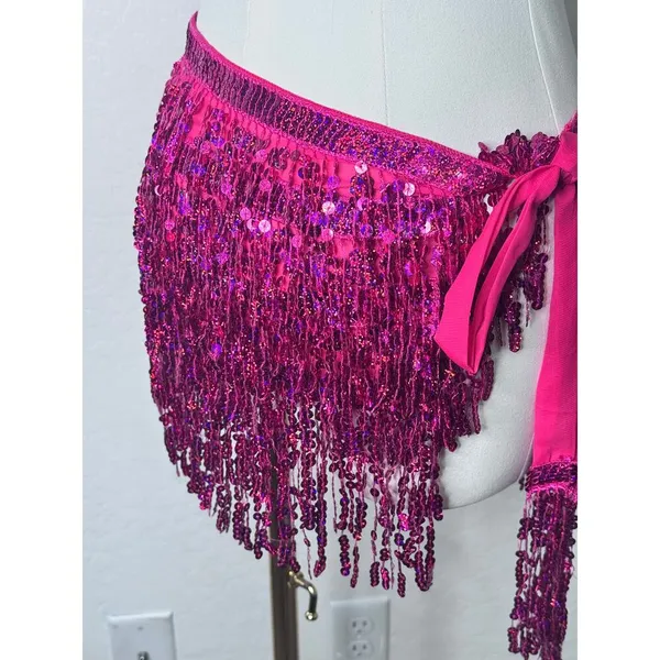 Sequence Skirt Festival Sparkly Tassel Skirt Belly Dance Fringe Hip Scarf Pink - Image 4
