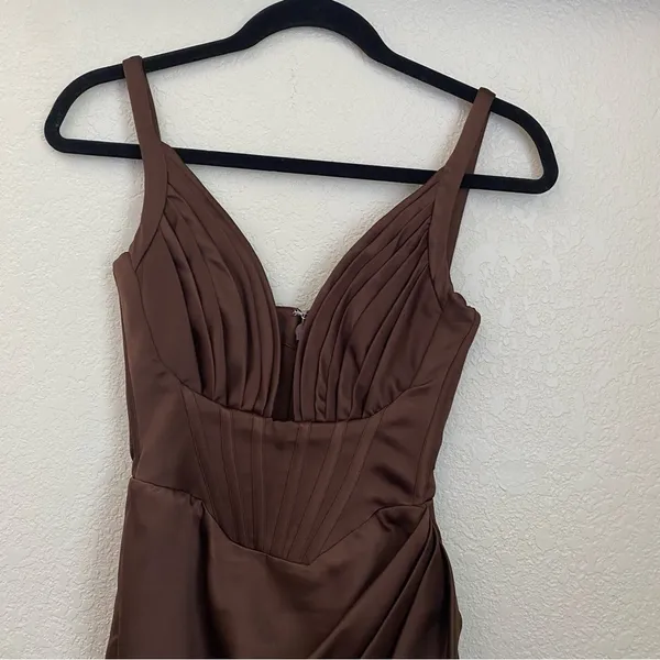 House of CB Faye Satin Pleated Midi Dress Size XS brown‎ $269 NWOT - Image 5