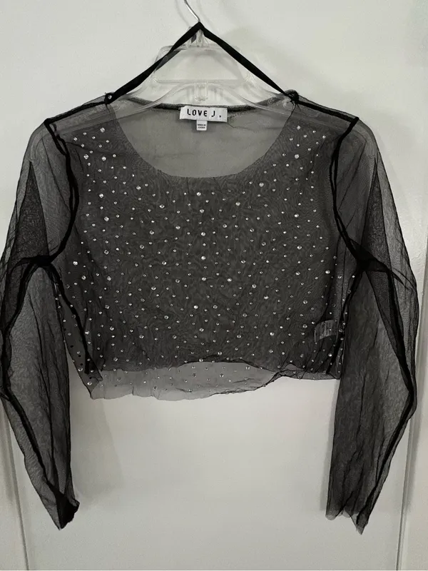 Love J Black Sheer Mesh Rhinestone Crop Top - Size Medium - Image 4