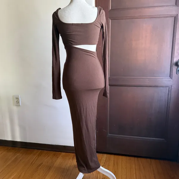 BAYSE | Brown RIbbed Cutout Midi Long Sleeve Dress | Small - Image 2