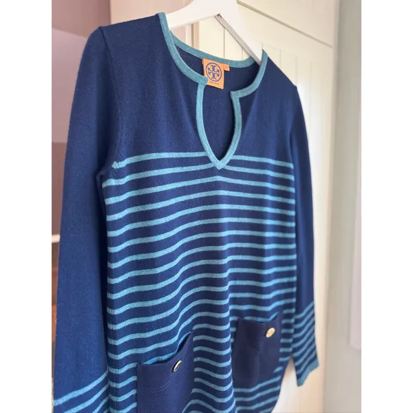 Tory Burch Wool Cashmere Blend Tunic Sweater XS Navy Stripe Pockets 50123142 - Image 3