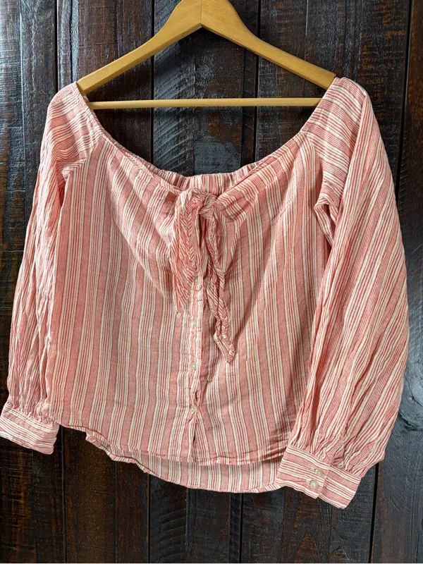 Free People Linen Striped Off-Shoulder Tie-Front Top Small - Image 2