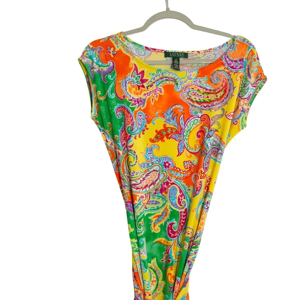Lauren Ralph Lauren Small Sheath Dress Vibrant Yellow Paisley Print Tie Waist - Image 3