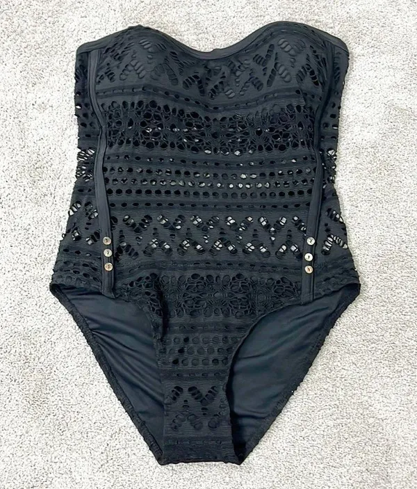New Large Black Strapless Sheer Crochet One Piece Swim Suit with Button Detail - Image 2