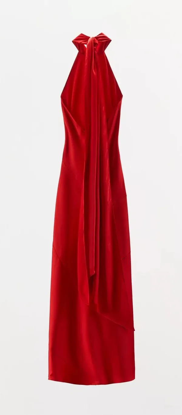 Zara Elegant Red Halter Neck Dress gown satin scarf shawl evening cocktail wedding - Image 5