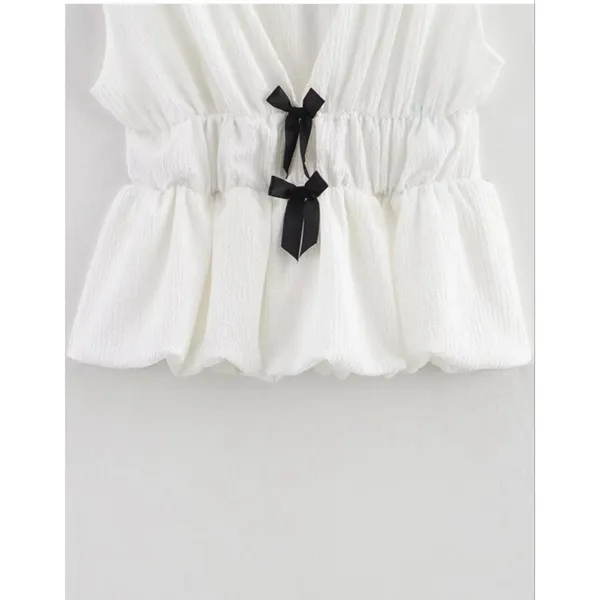 NEW White V Neck Sleeveless Bow Plisse Shirt Tank Top - Image 4