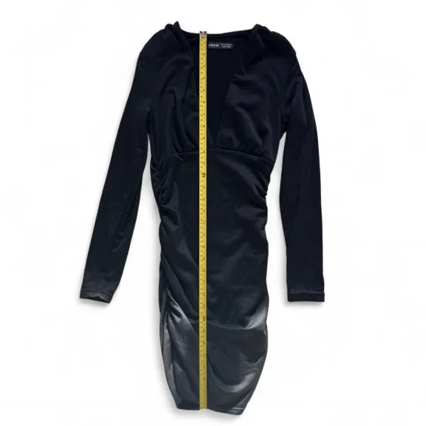 Black Deep V-Neck Ruched Long Sleeve Bodycon Dress – Size XS - Image 3