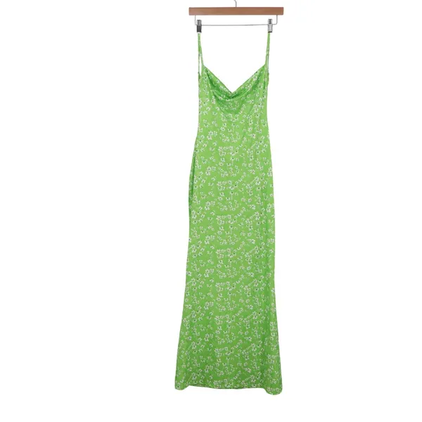 Green Floral Cowl Neck Maxi Dress Open Back Spaghetti Strap Size L - Image 2