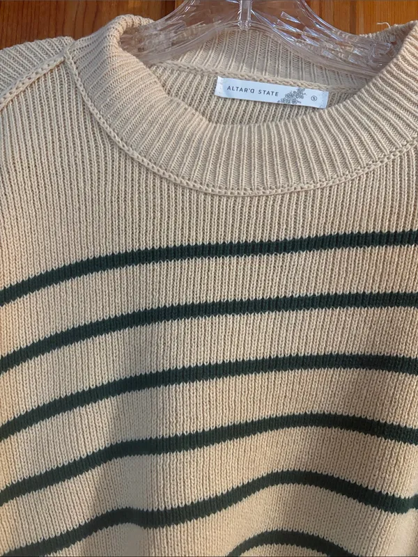 Altar'd State Cream & Dark Green Striped Cropped Crew Sweater - Image 2