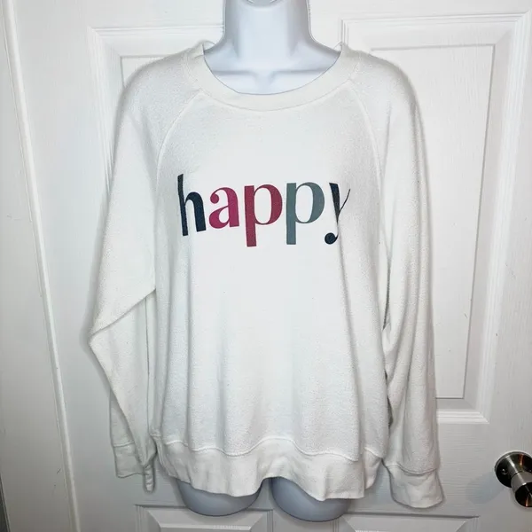 Red Dress Boutique Z Supply Happy Graphic Print Sweatshirt Ivory White Crew Neck Lightweight M - Image 2