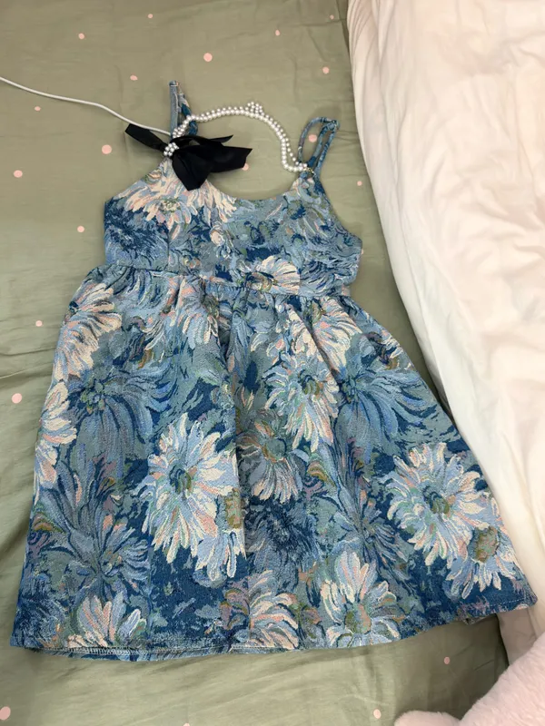 Blue White Floral Jacquard Mini Dress Square Neck Bow Pearl（only ONE‼️ BOW) - Image 8