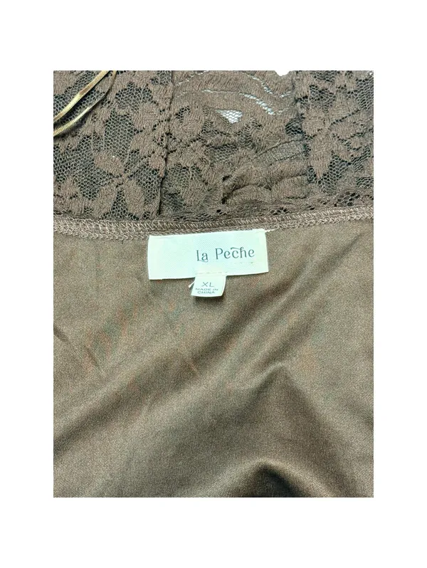La Peche Brown Lace Long Sleeve Crop Top Women’s XL Sheer Floral Blouse Y2K - Image 3
