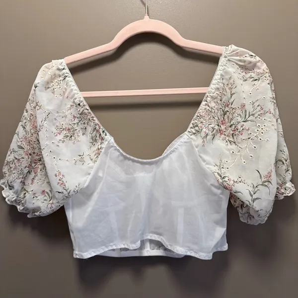 Floral Embroidered Corset Bustier Crop Top Puff Sleeve Milkmaid Cottagecore - Image 5