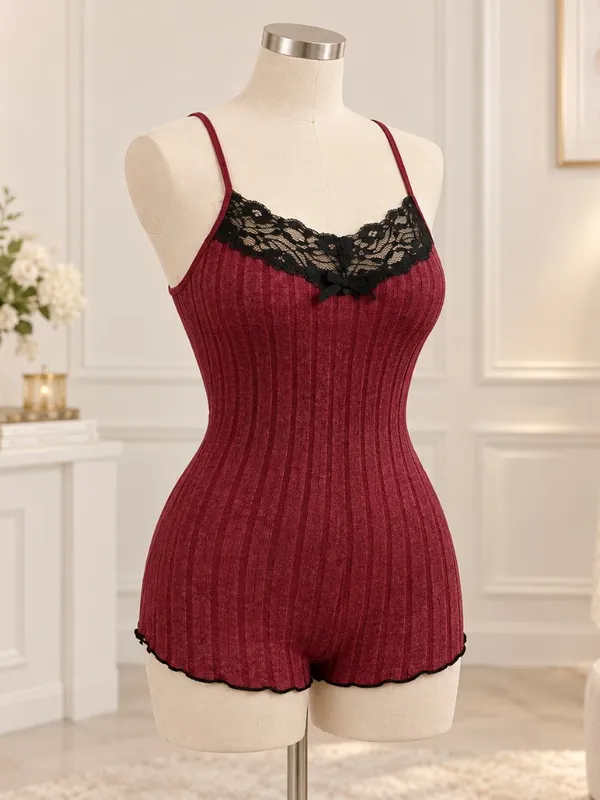 Crimson Ribbed Lace Butterfly Back Lounge Romper Sleepwear NWT Size Small - Image 4