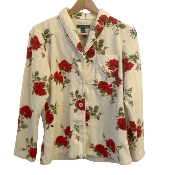 Lauren Ralph Lauren Fleece Pajama Top S Crest‎ Monogram Rose Floral Valentines - Image 2
