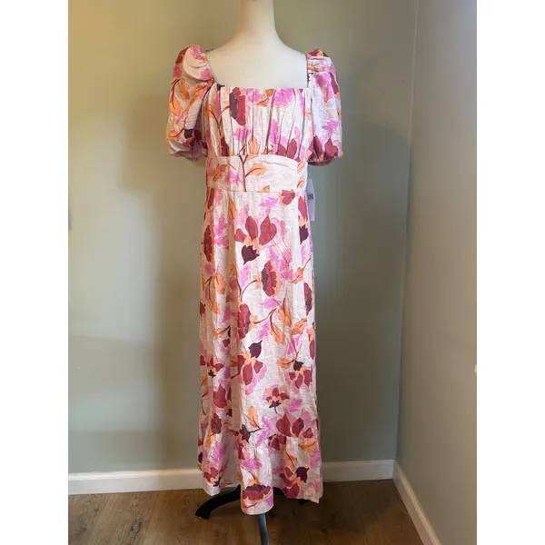 London Times Floral Linen Puff Midi Dress Pink 10 Boho resort whimsigoth cottage dainty roman - Image 2