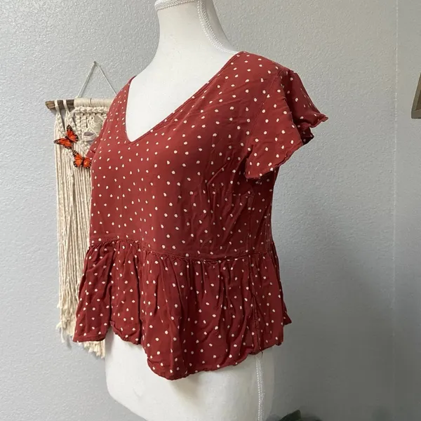 Abercrombie & Fitch Rustic Orange Polka Dot Peplum Blouse Open Back - Image 3