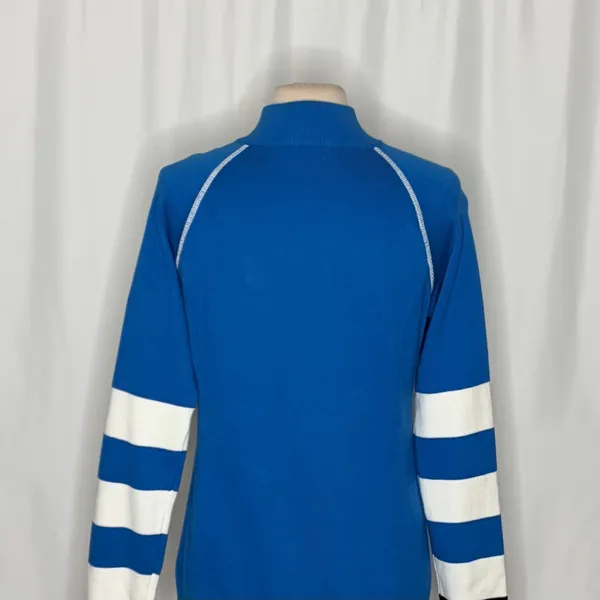 NEVE Quarter Zip Ski Sweater Blue White Striped Black Cuffs 100% Cotton X-Large - Image 9