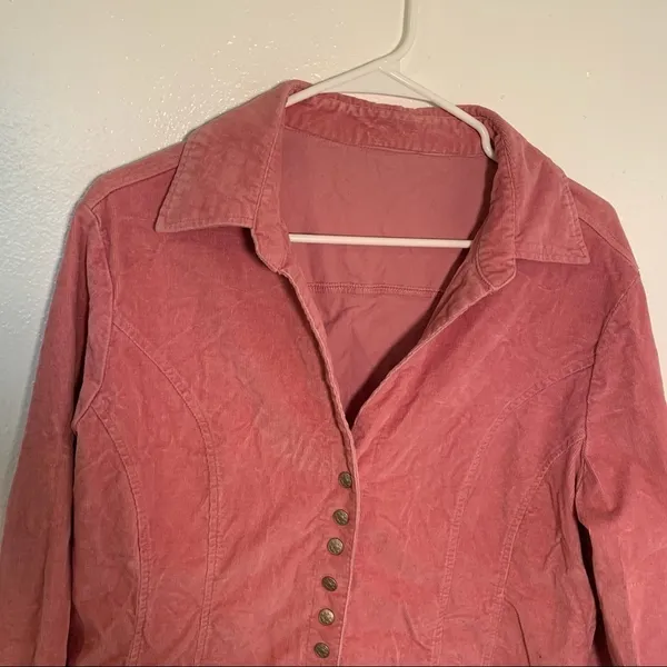 Women's Corduroy Shirt Jacket Snap Up V-Neck Pink Long Sleeve Unlined - Image 3