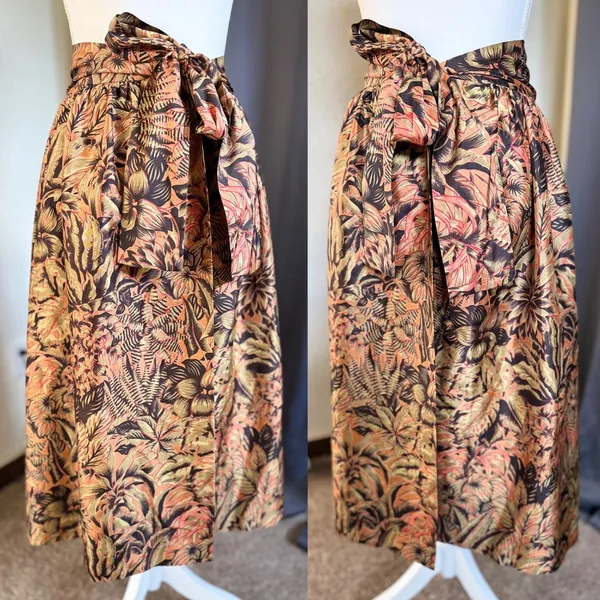 Handmade Tropical Wrap Midi Skirt Womens S Bronze‎ Olive Palm Leaf Pockets - Image 3