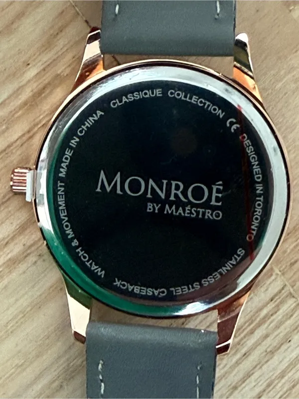 Monroe Classique by Maestro Luxury Watch Rose Gold Dial Gray Leather Strap NWOT - Image 8