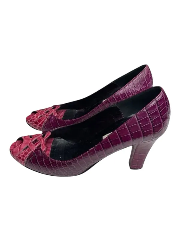 Vintage: Isaac ❉ Embossed Cut Out Peep Toe Pump Heels ❉ 2 Tone Pink Leather ❉ 8M - Image 7