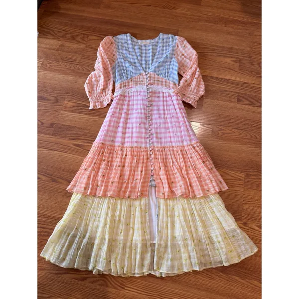 LoveShackFancy Ollie Floral Tiered Cotton Midi Dress Boho Check Size 2 - Image 8