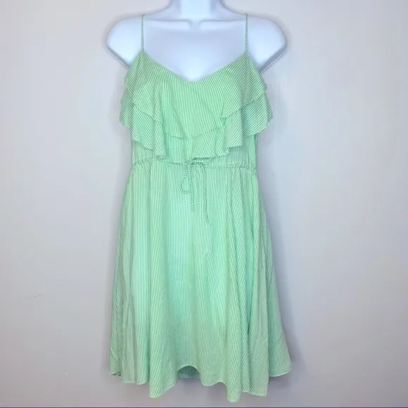 Free People Flutter Away Green Stripe‎ Ruffle Dress Size S - Image 3