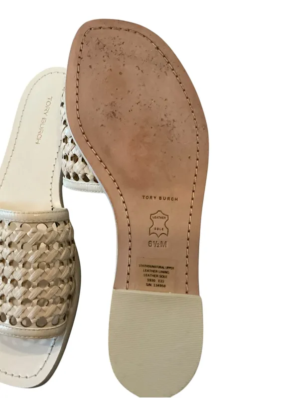 Tory Burch woven Rafia slide sandals beige leather size 6.5 - Image 4