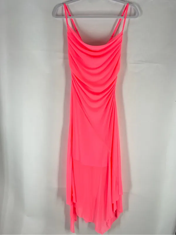 Haute Monde Neon Pink Draped Mesh Asymmetrical Maxi Dress Size S - Image 3