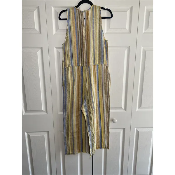 DREW Anthropologie Medium Lemon Cole Linen Yellow Striped Jumpsuit Raw Hem‎ - Image 6