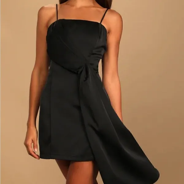 Lulus Romantic Allure Black Satin Asymmetrical Mini Dress - Image 2