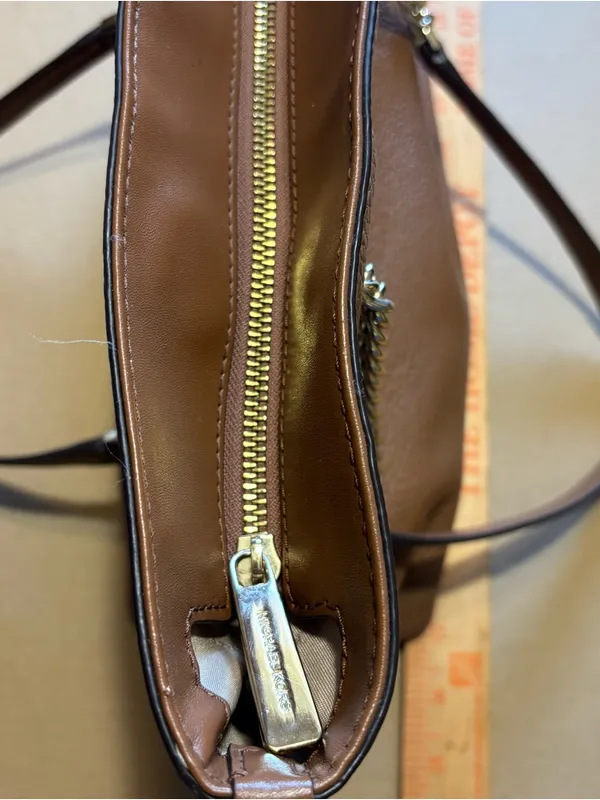 Michael Kors Cognac Pebbled Leather Tote with Gold Chain Straps zipper closure - Image 8