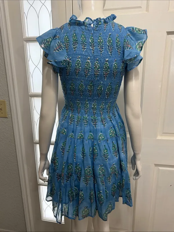 OLIPHANT 100% Cotton Smocked Flirty Ruffle Blue Block Print | Size Small - Image 11