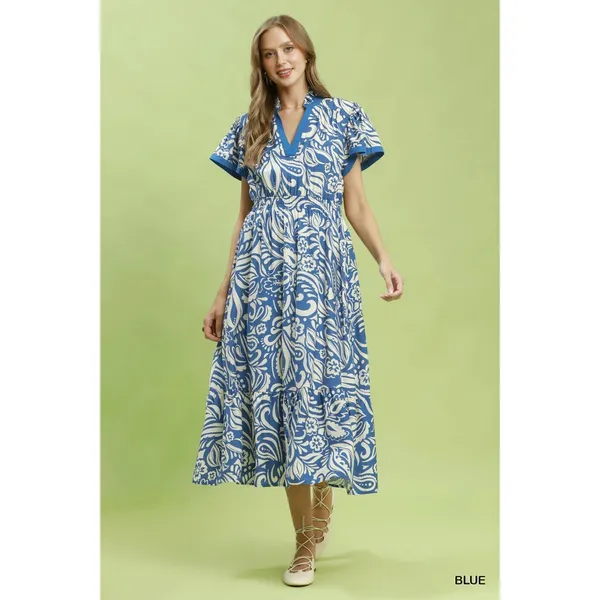 Umgee Paisley Print Midi Dress with Side Pockets - Blue - Small - Image 5