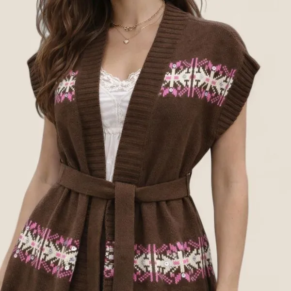Brown vest | Boho Western Fair Isle Belted Cardigan Cottagecore Layering - Image 2