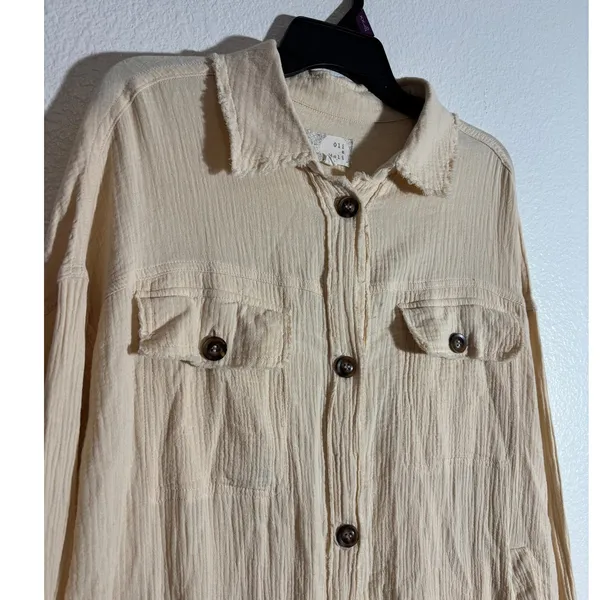 Oli & Hali Size M Cream Double Gauze Button-Up Shirt Dress Shacket Raw Hem - Image 3