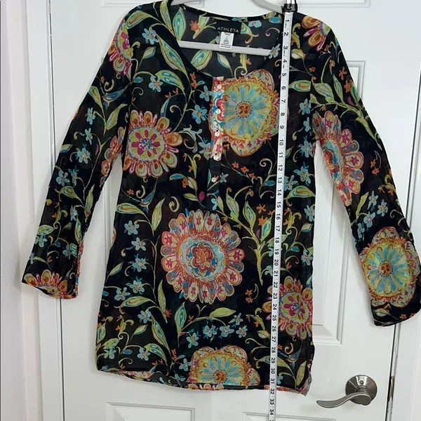 Athleta Women's Size M‎ Black Floral Silk Tunic Top Shirt Boho Resort - Image 3