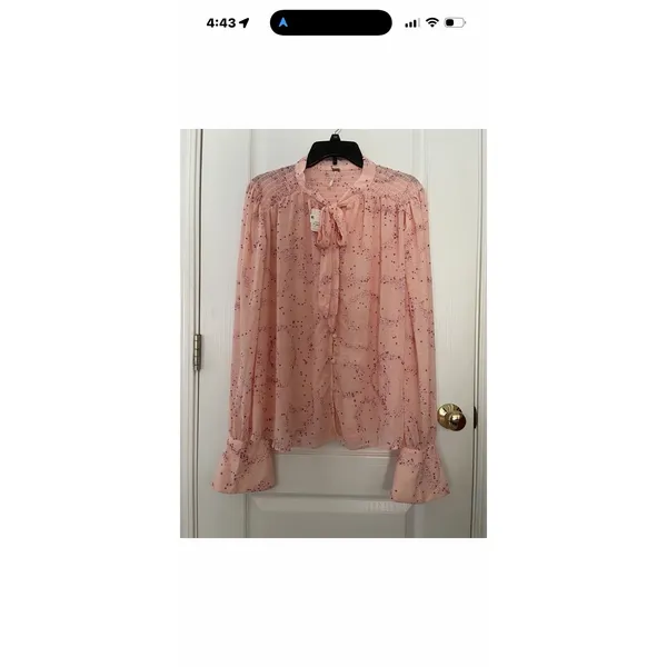 Free People Blouse Sz S Pink Ruffle Tie Neck‎ Sheer Boho OB1828859 Flowy - Image 2