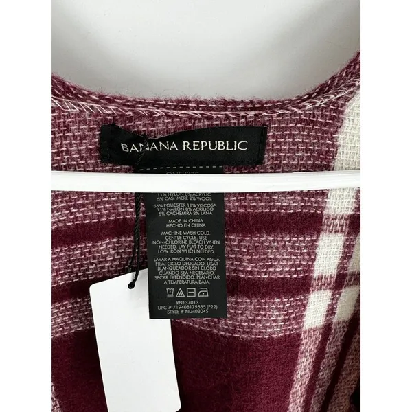 Banana Republic‎ Wrap Kimono Blanket Cashmere Blend Plaid Red Fringe Wine New - Image 4