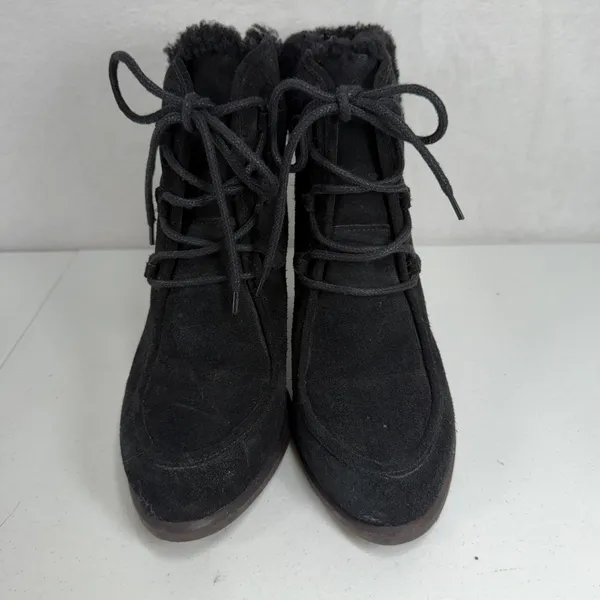 UGG 10 Analise Ankle Boots Black Suede Shearling Lace Up Stacked Heel Booties - Image 4