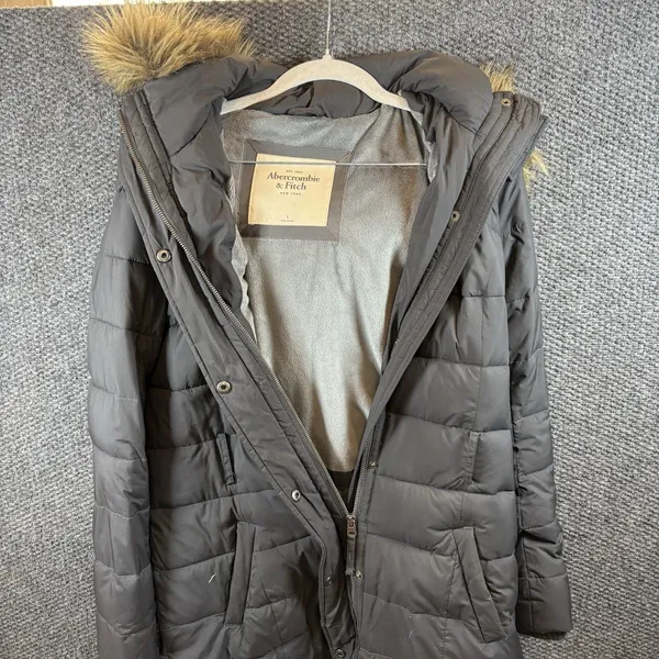 Abercrombie & Fitch Womens Sz L Black Faux Fur Hooded Puffer long Coat‎ - Image 5